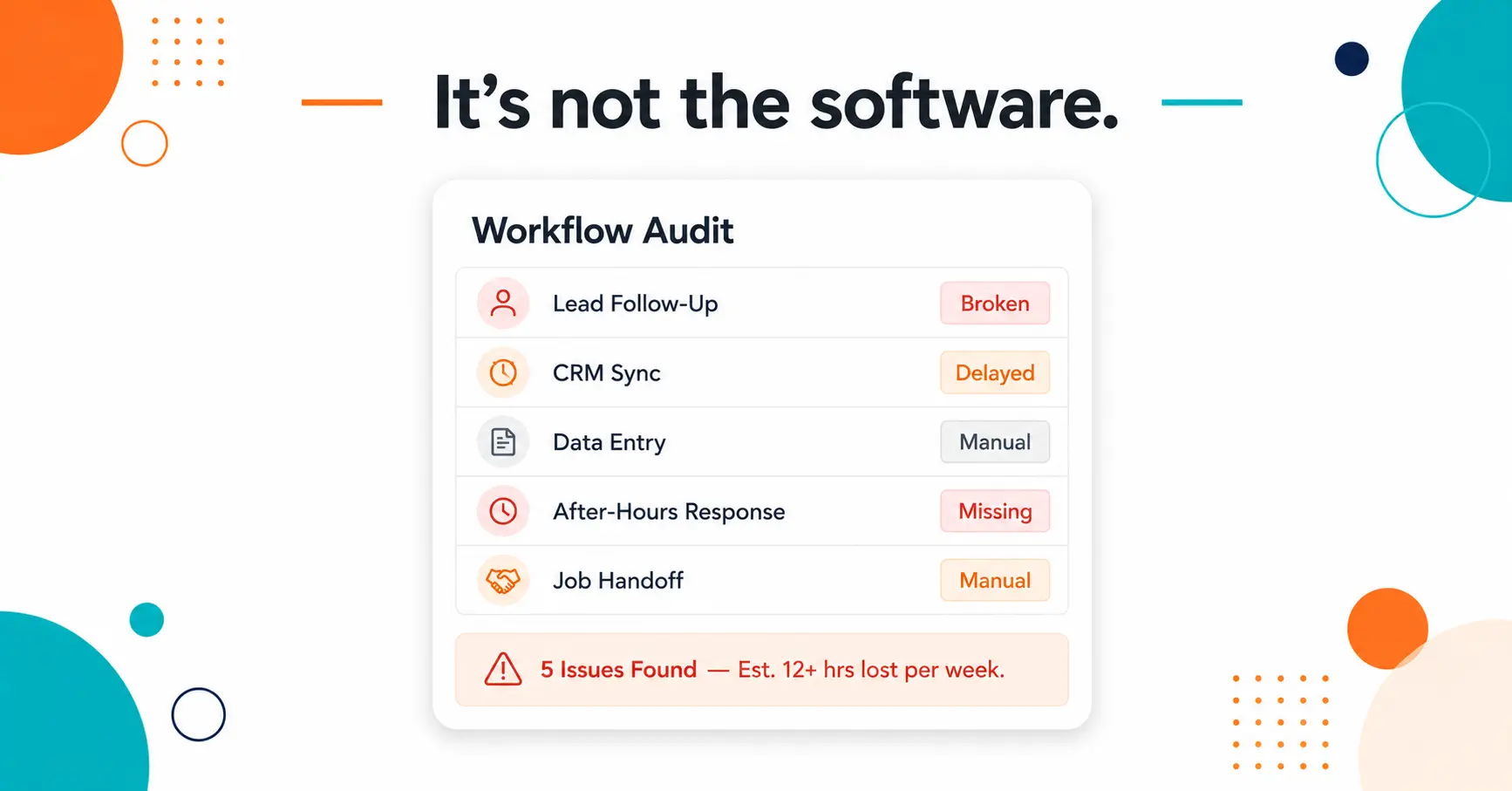 Small business workflow problems showing disconnected tools and manual data entry
